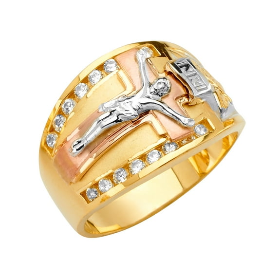 FB Jewels 14K Yellow White and Rose Three Color Gold Jesus Mens Cubic Zirconia CZ Ring Size 9