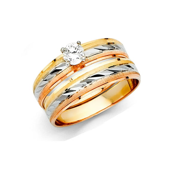 FB Jewels 14K Yellow White and Rose Three Color Gold Ladies Cubic Zirconia CZ Wedding Band and Engagement Bridal Ring Two Piece Set Size 5