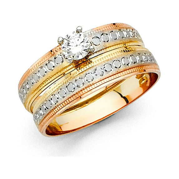 FB Jewels 14K Yellow White and Rose Three Color Gold Ladies Round Cubic Zirconia CZ Wedding Band and Engagement Bridal Ring Two Piece Set Size 7.5