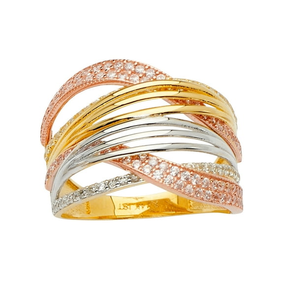 FB Jewels 14K Yellow White and Rose Three Color Gold Multi Line Micro Pave Cubic Zirconia CZ Ring Size 11