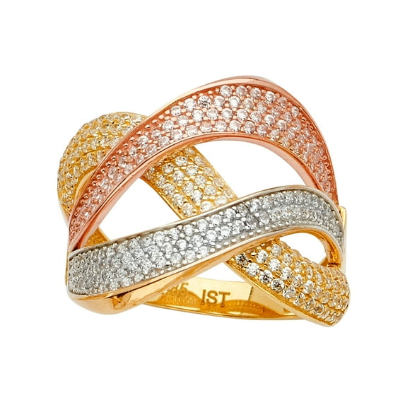 FB Jewels 14K Yellow White and Rose Three Color Gold Multi Line Micro Pave Cubic Zirconia CZ Ring Size 12