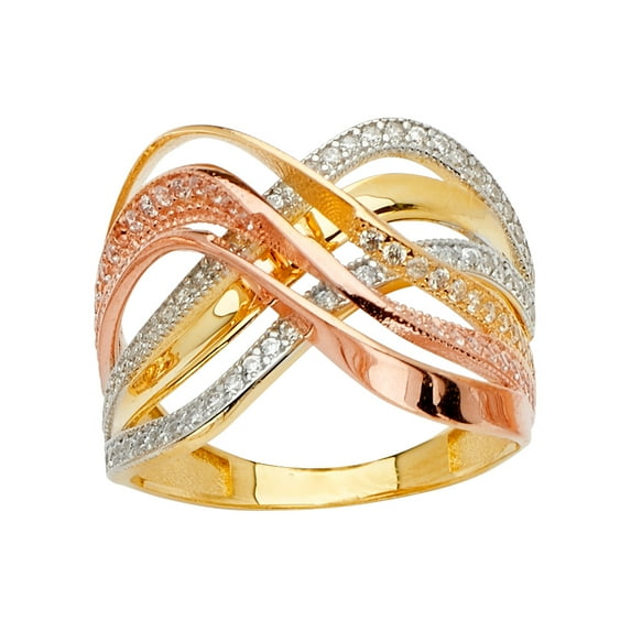 FB Jewels 14K Yellow White and Rose Three Color Gold Multi Line Micro Pave Cubic Zirconia CZ Ring Size 9