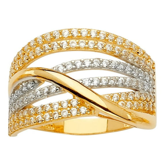 FB Jewels 14K Yellow White and Rose Three Color Gold Multi Line Micro Pave Cubic Zirconia CZ Ring Size 9