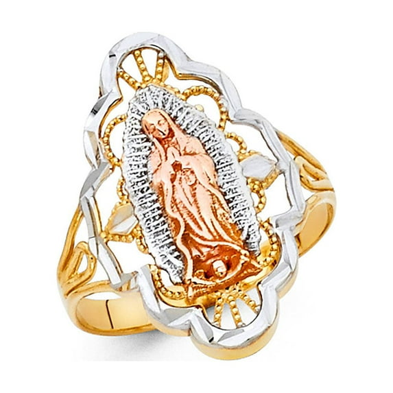 FB Jewels 14K Yellow White and Rose Three Color Gold Our Lady of Guadalupe Virgin Mary Ring Size 10
