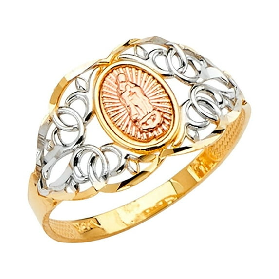FB Jewels 14K Yellow White and Rose Three Color Gold Our Lady of Guadalupe Virgin Mary Ring Size 6