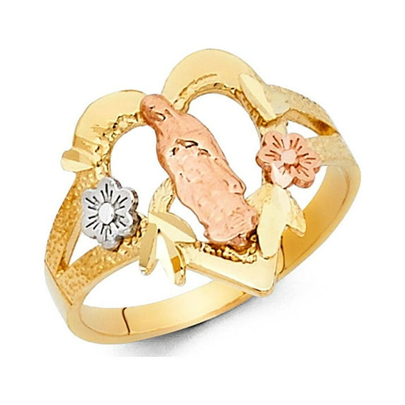 FB Jewels 14K Yellow White and Rose Three Color Gold Our Lady of Guadalupe Virgin Mary Ring Size 6