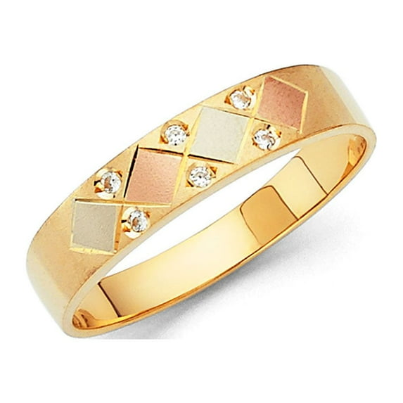 FB Jewels 14K Yellow White and Rose Three Color Gold Ring Round Cubic Zirconia CZ Men's Anniversary Wedding Band Size 5.5