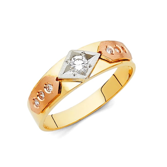 FB Jewels 14K Yellow White and Rose Three Color Gold Ring Round Cubic Zirconia CZ Mens Anniversary Wedding Band Size 10