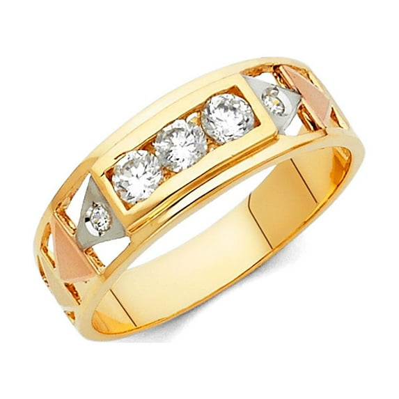 FB Jewels 14K Yellow White and Rose Three Color Gold Ring Round Cubic Zirconia CZ Mens Anniversary Wedding Band Size 7.5