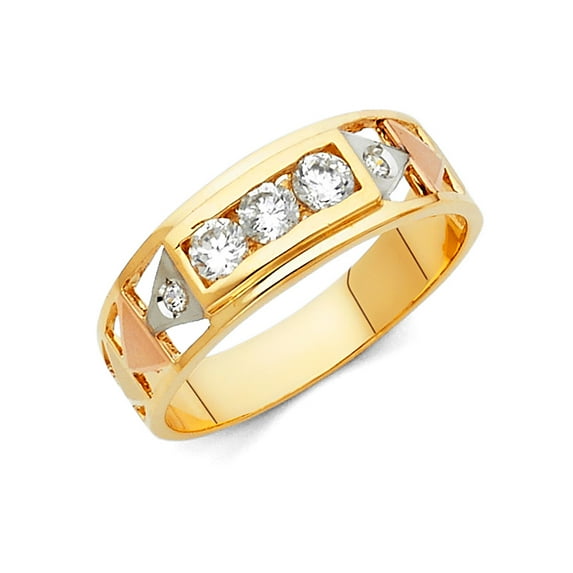 FB Jewels 14K Yellow White and Rose Three Color Gold Ring Round Cubic Zirconia CZ Mens Anniversary Wedding Band Size 8.5