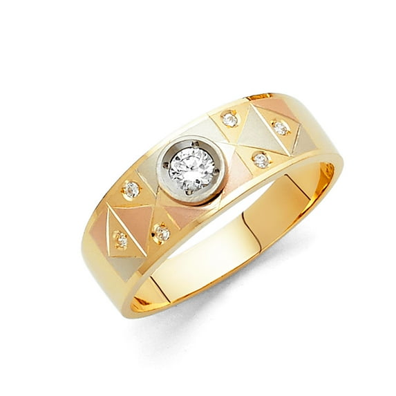 FB Jewels 14K Yellow White and Rose Three Color Gold Ring Round Cubic Zirconia CZ Mens Anniversary Wedding Band Size 8