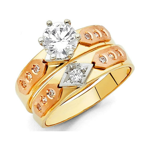 FB Jewels 14K Yellow White and Rose Three Color Gold Round Cubic Zirconia CZ Ladies Wedding Band And Engagement Bridal Ring Two Piece Set Size 11