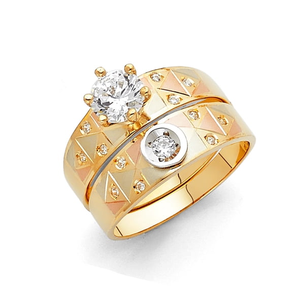 FB Jewels 14K Yellow White and Rose Three Color Gold Round Cubic Zirconia CZ Ladies Wedding Band And Engagement Bridal Ring Two Piece Set Size 12