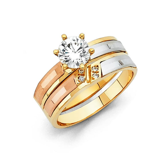 FB Jewels 14K Yellow White and Rose Three Color Gold Round Cubic Zirconia CZ Ladies Wedding Band And Engagement Bridal Ring Two Piece Set Size 12