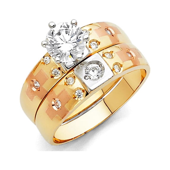 FB Jewels 14K Yellow White and Rose Three Color Gold Round Cubic Zirconia CZ Ladies Wedding Band And Engagement Bridal Ring Two Piece Set Size 7