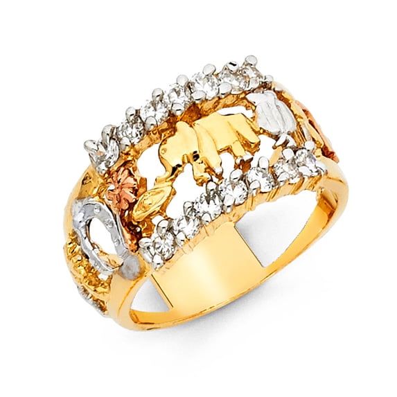 FB Jewels 14K Yellow White and Rose Three Color Gold Round Cubic Zirconia CZ Lucky Yellow Gold Ring Size 10.5