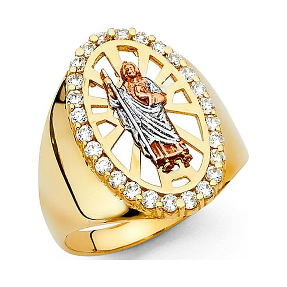 FB Jewels 14K Yellow White and Rose Three Color Gold Round Cubic Zirconia CZ Mens Ring Size 7