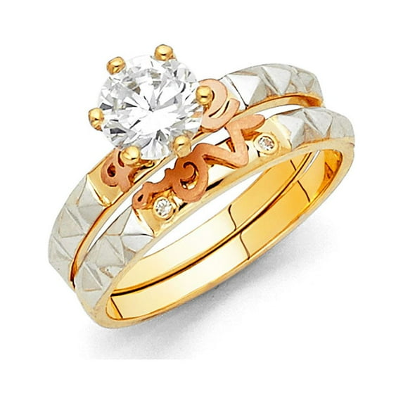 FB Jewels 14K Yellow White and Rose Three Color Gold Round Cubic Zirconia CZ Wedding Band and Engagement Bridal Ring Two Piece Set Size 5.5