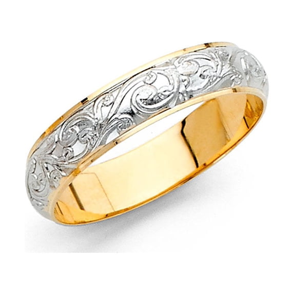 FB Jewels 14k Gold Round Cubic Zirconia White and Yellow Ring Two Tone 4MM Engrave Dom Anniversary Wedding Band Size 9.5