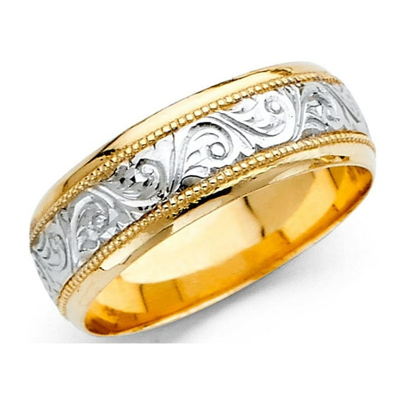 FB Jewels 14k Gold Round Cubic Zirconia White and Yellow Ring Two Tone 7MM Engrave Anniversary Wedding Band Size 11.5
