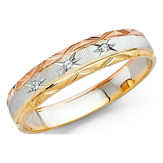 FB Jewels 14k Gold Round Cubic Zirconia Yellow White and Rose Three Color Ring 4MM Diamond-Cut Anniversary Wedding Band Size 6