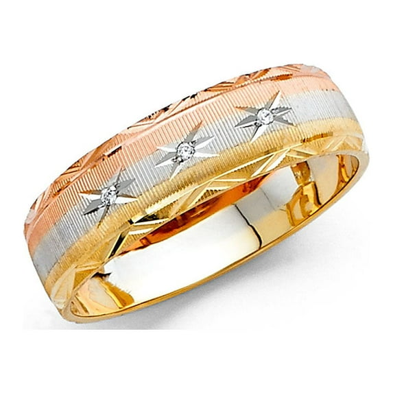 FB Jewels 14k Gold Round Cubic Zirconia Yellow White and Rose Three Color Ring 6MM Diamond-Cut Anniversary Wedding Band Size 11.5