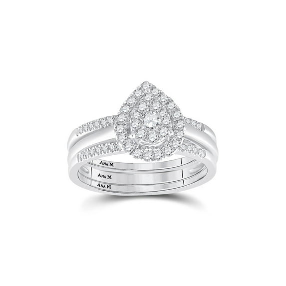 FB Jewels 14k White Gold Round Diamond Teardrop Cluster 3-Piece Bridal Wedding Engagement Ring Set 1/2 Cttw