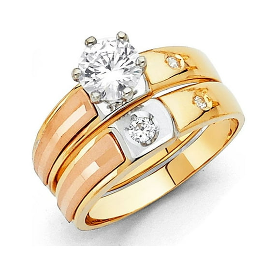 FB Jewels 14k White Yellow and Rose Three Color Gold Ladies Cubic Zirconia CZ Wedding Band and Engagement Bridal Ring Two Piece Set Size 10