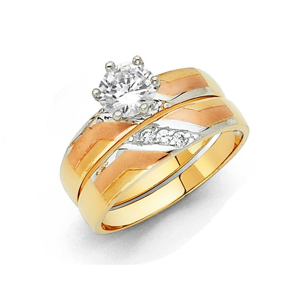 FB Jewels 14k White Yellow and Rose Three Color Gold Ladies Cubic Zirconia CZ Wedding Band and Engagement Bridal Ring Two Piece Set Size 12