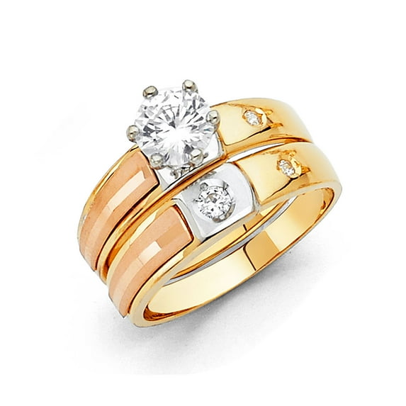 FB Jewels 14k White Yellow and Rose Three Color Gold Ladies Cubic Zirconia CZ Wedding Band and Engagement Bridal Ring Two Piece Set Size 7.5