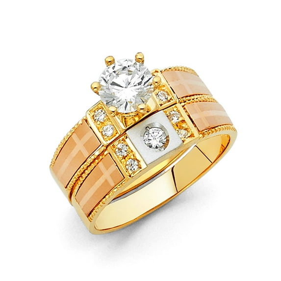 FB Jewels 14k White Yellow and Rose Three Color Gold Ladies Cubic Zirconia CZ Wedding Band and Engagement Bridal Ring Two Piece Set Size 8.5