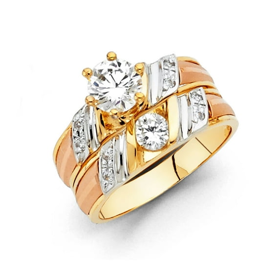 FB Jewels 14k White Yellow and Rose Three Color Gold Ladies Cubic Zirconia CZ Wedding Band and Engagement Bridal Ring Two Piece Set Size 8