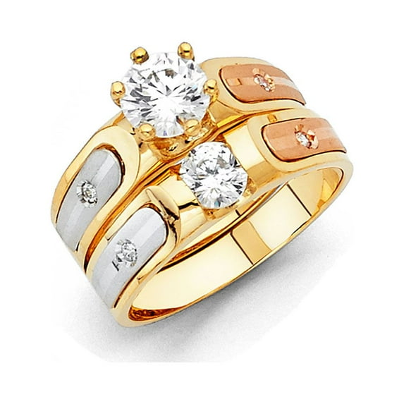 FB Jewels 14k White Yellow and Rose Three Color Gold Ladies Cubic Zirconia CZ Wedding Band and Engagement Bridal Ring Two Piece Set Size 8