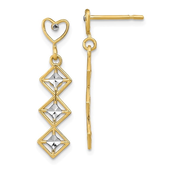 FB Jewels 14k White and Yellow Two Tone Gold Heart Post with triple Diamond Shape and White Diamond-Cut Accents Danglei Earrings