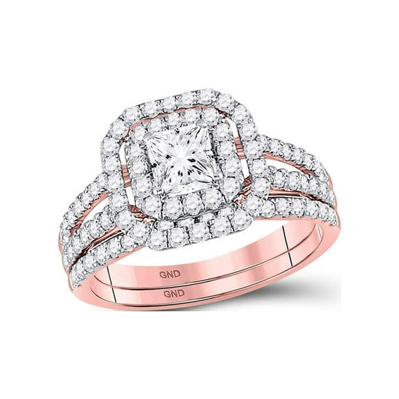 FB Jewels 14kt Rose Gold Womens Princess Diamond Bridal Wedding Engagement Ring Band Set 1-1/2 Cttw