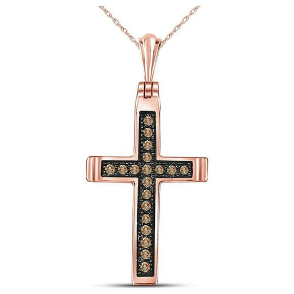 FB Jewels 14kt Rose Gold Womens Round Brown Diamond Cross Pendant 1/10 Cttw