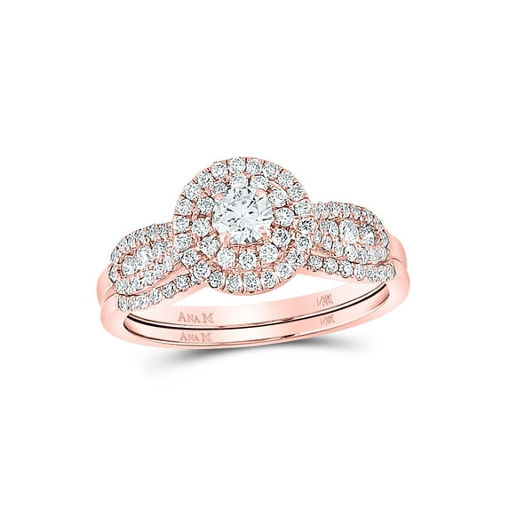 FB Jewels 14kt Rose Gold Womens Round Diamond Halo Bridal Wedding Engagement Ring Band Set 3/4 Cttw