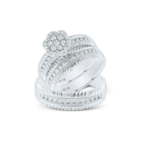 FB Jewels 14kt White Gold His & Hers Round Diamond Cluster Faceted Matching Bridal Wedding Ring Band Set 3/4 Cttw