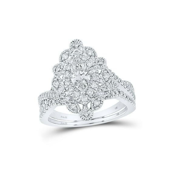 FB Jewels 14kt White Gold Marquise Diamond Bridal Wedding Ring Band Set 1 Cttw