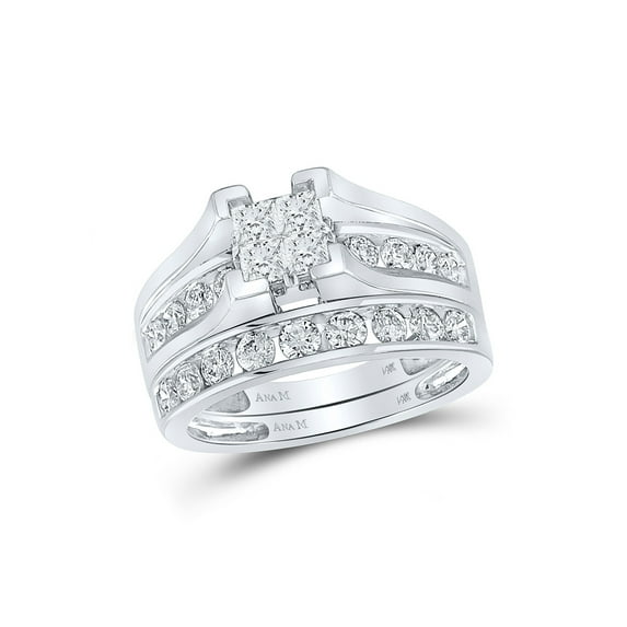 FB Jewels 14kt White Gold Princess Diamond Bridal Wedding Ring Band Set 1-1/2 Cttw Size 7.5