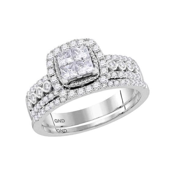 FB Jewels 14kt White Gold Princess Diamond Halo Bridal Wedding Ring Band Set 1 Cttw