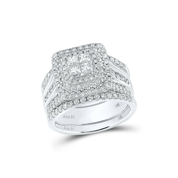 FB Jewels 14kt White Gold Princess Diamond Halo Bridal Wedding Ring Band Set 2 Cttw Size 6