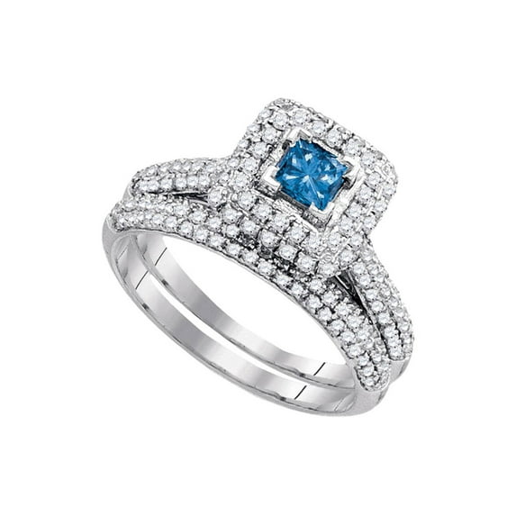 FB Jewels 14kt White Gold Womens Princess Blue Color Enhanced Diamond Bridal Wedding Engagement Ring Band Set 1-1/4 Cttw