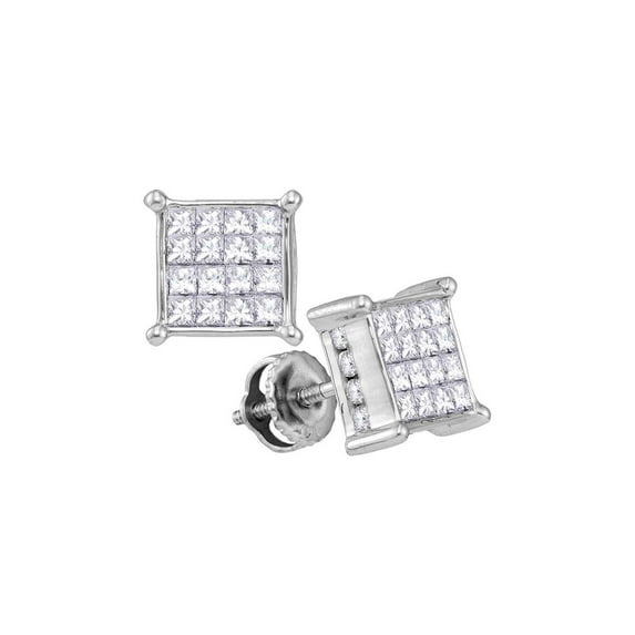 FB Jewels 14kt White Gold Womens Princess Diamond Cluster Stud Earrings 1 Cttw