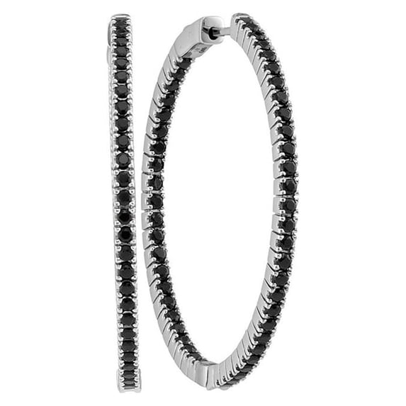 FB Jewels 14kt White Gold Womens Round Black Sapphire Slender Inside Outside Hoop Earrings 3-3/4 Cttw