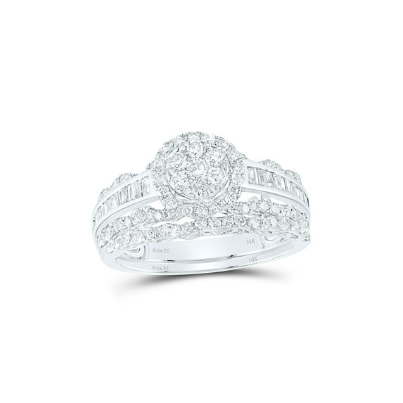 FB Jewels 14kt White Gold Womens Round Diamond Cluster Bridal Wedding Engagement Ring Band Set 1-1/2 Cttw