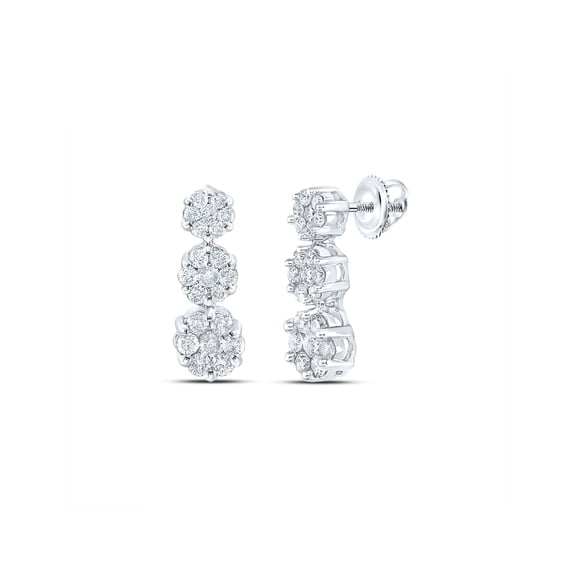 FB Jewels 14kt White Gold Womens Round Diamond Triple Vertical Flower Cluster Earrings 1.00 Cttw