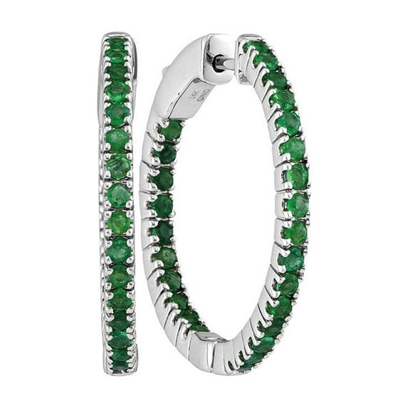 FB Jewels 14kt White Gold Womens Round Natural Emerald Hoop Earrings 1-1/4 Cttw
