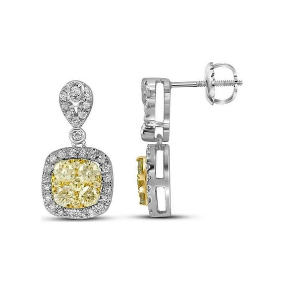 FB Jewels 14kt White Gold Womens Round Yellow Diamond Square Dangle Earrings 1-1/5 Cttw