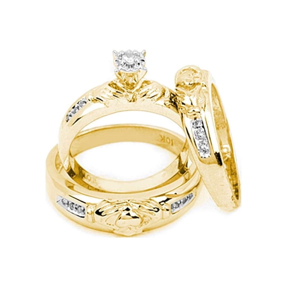 FB Jewels 14kt Yellow Gold His & Hers Round Diamond Claddagh Matching Bridal Wedding Ring Band Set 1/8 Cttw